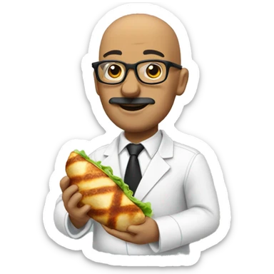 A bald man with glasses and a small black mustache eating a chicken wrap sticker