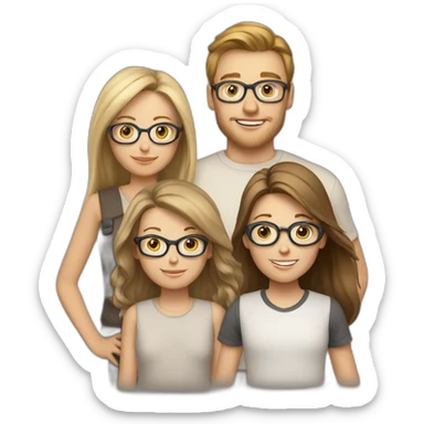 White family of 4, 1 brown hair mom, 1 brown hair boy, 2 girls with glasses and long blond hair sticker