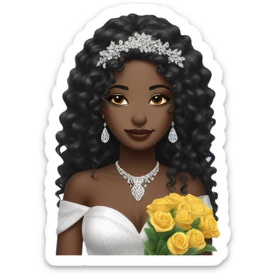 African bride. Glitter makeup. Long black curly hair. Silver jewelry. Holding flowers. Eyes closed. sticker