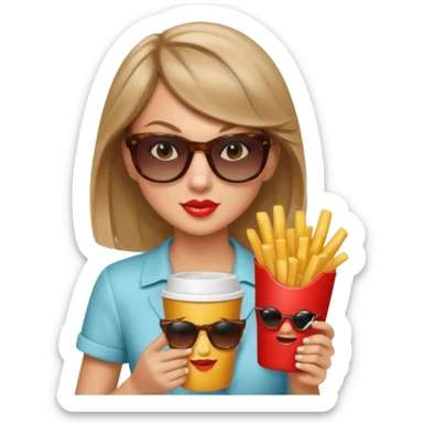 Taylor Swift, wearing sun glasses,  holding a cup of fries





































 sticker