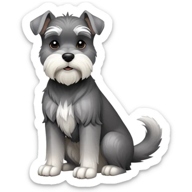 cinematic-[schnauzer]-realistic-full-body-sitting-emoji,-tail-resting-loosely-beside-its-paws,-head-tilted-dramatically, -sleek-[grey and white]-fur,-simplified-yet-realistic-focused-features,-highly-detailed,-glowing-with-an-almost-sarcastic-glow sticker