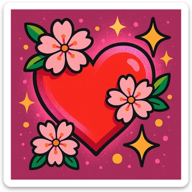 heart with sakura flowers and pink shimmer, vibrant toon style sticker