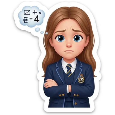 girl from river primary school Kent wearing school uniform shrugging with thought bubble containing mathematical symbols. Girl looks confused sticker