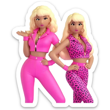 Nicki Minaj wearing pink and white leopard print Super Bass outfit with bangs and split-dyed hair blonde on left side pink on right side sticker