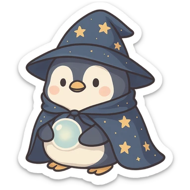 a chubby penguin in wizard attire, with a starry cloak and a glowing orb, looking wise and mystical sticker