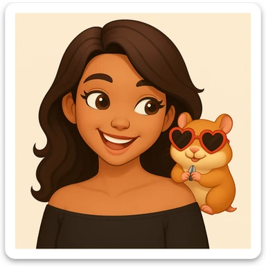 Change the hamster's sunglasses to heart-shaped sunglasses. Keep the playful, adorable vibe and the fun, carefree moment between the woman and her hamster. Maintain the modern, clean, warm style. sticker