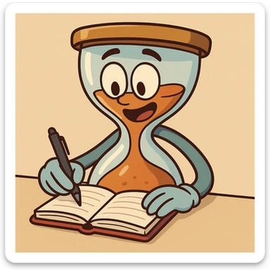 animated cartoon hourglass character writing on a notebook, expressive, lively, colorful, with a friendly face and arms, in a fun cartoon style sticker