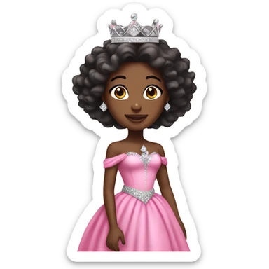 Black princess with long curly brunette hair wearing pink dress with diamond crown sticker