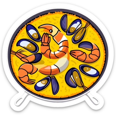 delicious seafood paella with prawns, mussels, and yellow rice in a traditional paella pan sticker