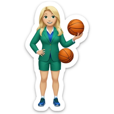 Full Body white plus size female with big nose basketball head coach using a clipboard with long blonde hair in a blue and green suit smiling with basketball and clipboard sticker