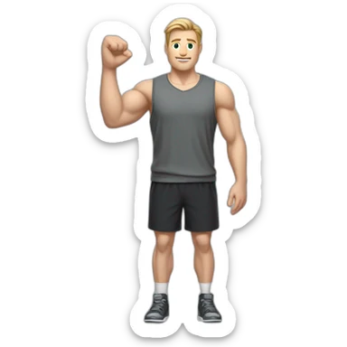 Full height Actively gesturing with hands Pale skinned Fit Man With the biceps and light brown hair with Bristle in dark gray Sleeveless Mike, black oversize sports shorts and white Sneakers sticker