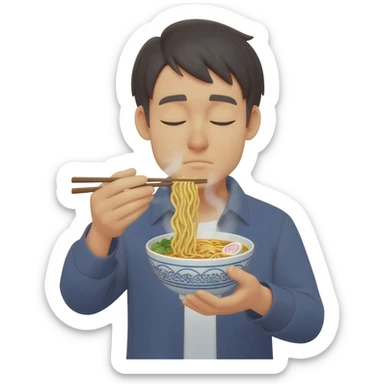 Japanese guy with eyes closed eating noodles sticker