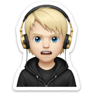 boy vampire whit blonde emo hair and eyes blue and grey skin and heandphones black AND A MICROFONE AND GOLD TEETH and agesive face and the hoodie black  sticker
