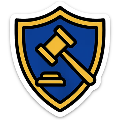 Change the symbol to a royal blue and gold color scheme, preserving a sleek legal consulting symbol with shield and gavel. sticker