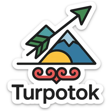 Colorful minimalist logo for Turpotok with a Kurai arrow, Ural Mountains, and Bashkir ornamentation. Text 'Turpotok' in a modern sans-serif font sticker