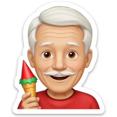 old man with red shirt and birthday cone, party horn on his mouth sticker