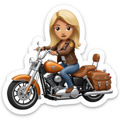 A woman wearing leather riding a Harley Davidson sticker