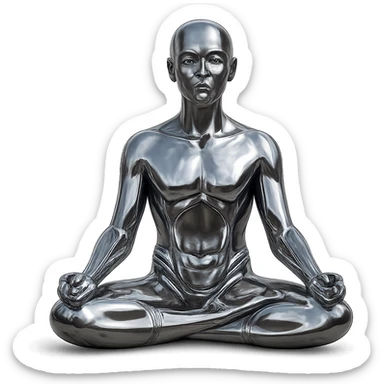 a circle of stylized chrome statues, mixed genders, meditating in the lotus position, futuristic and polished sticker