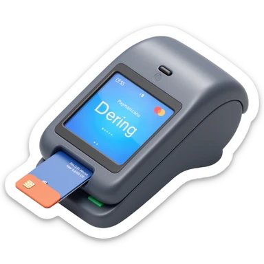 a modern payment terminal with a large screen showing a loading animation, a card inserted, realistic textures, soft lighting, skeuomorphism style, no background sticker