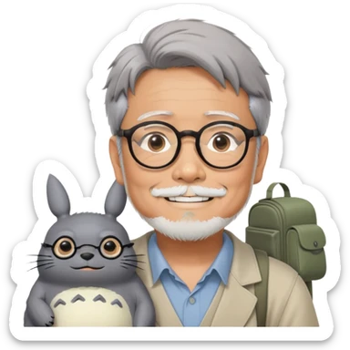 _cinematic-realistic-portrait-of-hayao-miyazaki,-depicted-with--large-rectangular-glasses,-his-happy-expression-rendered-in-lifelike-detail,-illuminated-with-soft,-realistic-lighting-that-emphasizes-his-creative-genius, with totoro sitting on this shoulder  sticker