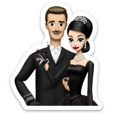 Audrey Hepburn as Sabrina Barbie.Morticia Addams. Show full body. Embroidered long black gown jewelry gloves pearl earrings  sticker