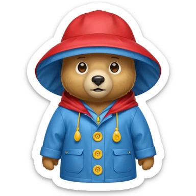 A bear in a red rain hat and a blue raincoat with yellow buttons down the middle sticker