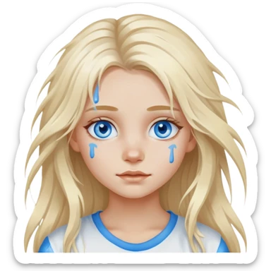 Girl with blue eyes and white paint on her face with long blond messy air,  sticker