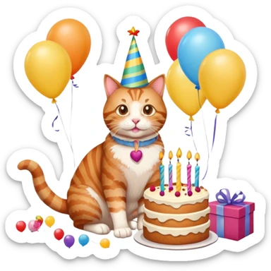 Ginger tabby cat celebrating birthday, birthday hat, birthday cake, balloons, happy, gifts sticker