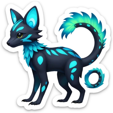 Rare realistic dark-neon glowing bioluminescent edgy badass epic pretty beautiful handsome gorgeous aesthetic colorful vibrant Vernid-Trico-species-Fakemon-creature by LiLaiRa, 4 legs, 1 tail, random markings, (full body) sticker