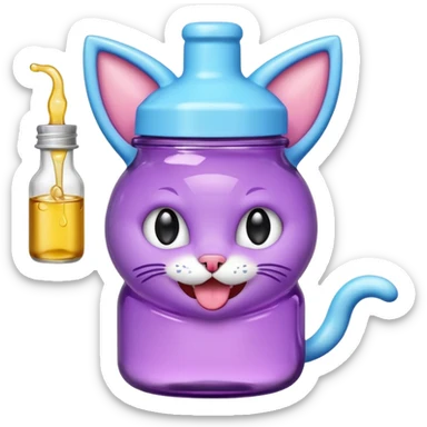 Smiling bottle of oil light purple top and light blue sticking tongue out and with cat ears sticker