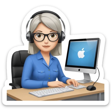 donna bionda occhi azzurri con occhiali grigio/neri, capelli media lunghezza lisci, davanti al pc alla sua scrivania. è una grafica editoriale e redattrice sticker