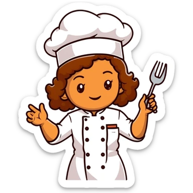 Light brown skinned mixed-race female chef with medium-length curly brown hair, wearing a chef's hat (toque), with both an angel halo and devil horns on her head sticker