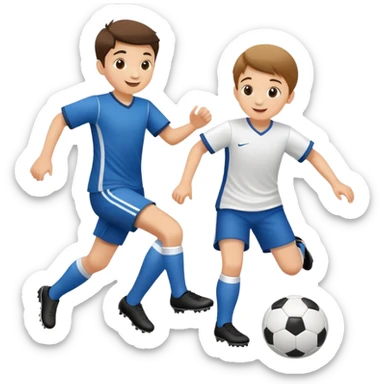 two children playing soccer, one kicking the ball, happy and playful sticker