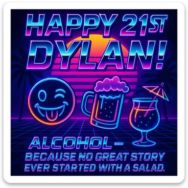 Completely change the style to vaporwave: neon colors, retro 80s grid, palm trees, synthwave sunset, chrome text, and keep the funny drink quote. Make it look digital and bold. sticker