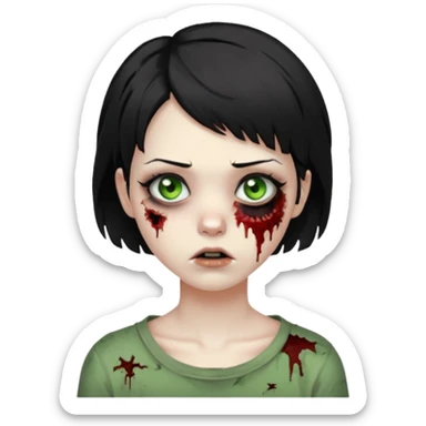 Zombie girl with messy black short hair with lashes and torn cheek and calm face sticker