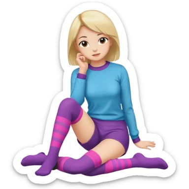 Cute girl thigh high socks sitting legs out, colorful clothes sticker
