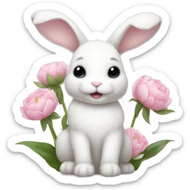 cute white bunny holding light pink peonies sticker