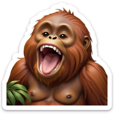 Cinematic Cute Yawning Orangutan Portrait Emoji, Head tilted slightly with a dramatic, wide-open yawn, showcasing a richly textured face with half-closed, sleepy eyes and a relaxed, open expression, Simplified yet irresistibly adorable features, highly detailed, glowing with a soft, cozy jungle glow, high shine, relaxed yet expressive, stylized with a dash of whimsical charm, soft glowing outline, capturing the essence of a drowsy yet affectionate guardian that appears ready to stretch out for a nap! sticker