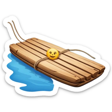 showing a simple wooden raft floating on calm blue water — made of several brown logs tied together with rope — gentle ripples around it — bright, cheerful lighting and soft shadows — minimalist, clean emoji design sticker
