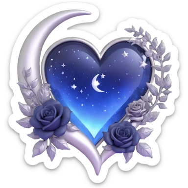 gothic heart, midnight blue glass, silver crescent moon, tiny black roses, shimmering stardust, frost and ice effect sticker
