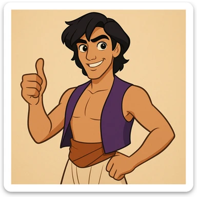Aladdin giving a thumbs up, modern animated style, confident pose sticker