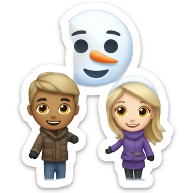 White Couple boy and girl building snowman  sticker