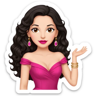 confident mature brunette woman, long black wavy hair, pink lipstick, red dance dress, big earrings sticker