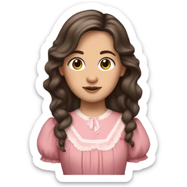 Carrie Ingalls pretty with very long dark brown wavy hair realistic and detailed wearing a pink dress sticker