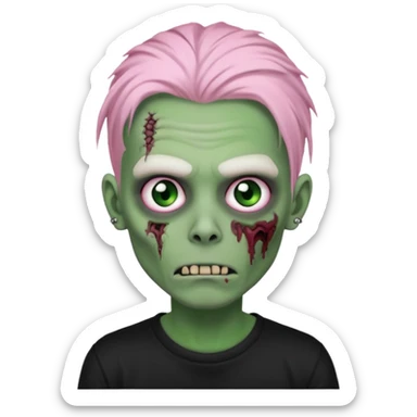 Zombie boy, green skin, white dreads medium long, pink eyes, black tshirt sticker