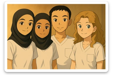 Edit the image to make the first girl on the left the same size as the girls on the right while preserving the original faces and expressions. Generate multiple natural and harmonious variants with slight posture adjustments to keep the group looking natural and cohesive. sticker