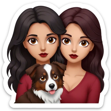 latina girl with long beautiful dark hair and dark eyes in a dark red v neck and makeup with a black brown and white tri Australian shepherd large sticker
