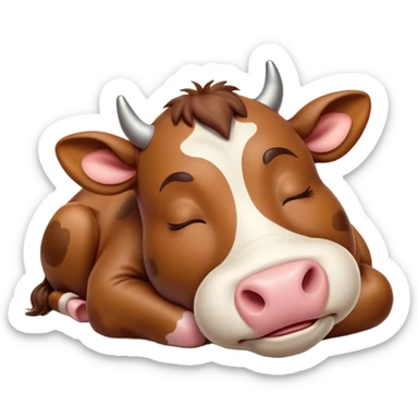 Meme-Worthy Cute Sleeping Brown Cow Portrait Emoji, Head resting peacefully with a contented smile, showcasing a robust build and a luxuriously soft deep brown hide, eyes shut in a serene, restful nap, Simplified yet hilariously adorable features, highly detailed, glowing with a soft, drowsy light, high shine, relaxed and utterly lovable, stylized with an air of playful laziness, bright and heartwarming, soft glowing outline, capturing the essence of a comically sleepy cow, so meme-worthy it feels like it could instantly become the next viral sensation of adorable slumber! sticker