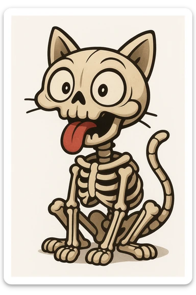 stylized skeletal cat with humorous, exaggerated facial expression, wide open eyes, tongue sticking out, bone-like structures forming the rounded head, simplified joint details, cartoon-like, plain white background, cat is the central focus sticker
