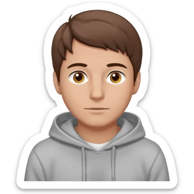 Uomo adulto barbuto capello moro occhi marroni metà busto e vestito con una felpa grigia e maglietta bianca sticker